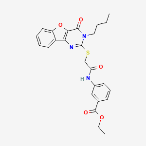 molecular formula C25H25N3O5S B2648413 Ethyl 3-(2-((3-butyl-4-oxo-3,4-dihydrobenzofuro[3,2-d]pyrimidin-2-yl)thio)acetamido)benzoate CAS No. 899941-22-1