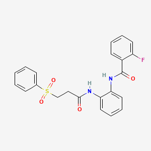 molecular formula C22H19FN2O4S B2648443 2-fluoro-N-(2-(3-(phenylsulfonyl)propanamido)phenyl)benzamide CAS No. 1203325-85-2