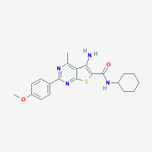 molecular formula C21H24N4O2S B264845 5-amino-N-cyclohexyl-2-(4-methoxyphenyl)-4-methylthieno[2,3-d]pyrimidine-6-carboxamide 