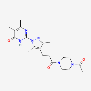 molecular formula C20H28N6O3 B2648466 2-(4-(3-(4-acetylpiperazin-1-yl)-3-oxopropyl)-3,5-dimethyl-1H-pyrazol-1-yl)-5,6-dimethylpyrimidin-4(3H)-one CAS No. 1172931-88-2