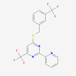 molecular formula C18H11F6N3S B2648472 2-(2-Pyridinyl)-4-(trifluoromethyl)-6-{[3-(trifluoromethyl)benzyl]sulfanyl}pyrimidine CAS No. 478030-82-9