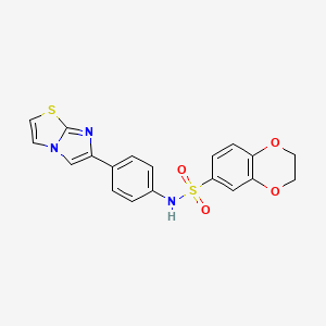molecular formula C19H15N3O4S2 B2648497 N-(4-imidazo[2,1-b][1,3]thiazol-6-ylphenyl)-2,3-dihydro-1,4-benzodioxine-6-sulfonamide CAS No. 745022-67-7