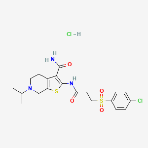 molecular formula C20H25Cl2N3O4S2 B2648502 2-(3-((4-Chlorophenyl)sulfonyl)propanamido)-6-isopropyl-4,5,6,7-tetrahydrothieno[2,3-c]pyridine-3-carboxamide hydrochloride CAS No. 1328654-44-9