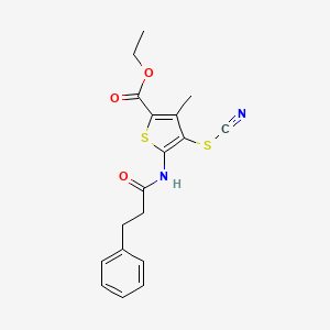 molecular formula C18H18N2O3S2 B2648521 Ethyl 3-methyl-5-(3-phenylpropanamido)-4-thiocyanatothiophene-2-carboxylate CAS No. 681163-42-8