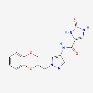 molecular formula C16H15N5O4 B2648527 N-(1-((2,3-二氢苯并[b][1,4]二噁英-2-基)甲基)-1H-吡唑-4-基)-2-氧代-2,3-二氢-1H-咪唑-4-甲酰胺 CAS No. 1705064-95-4