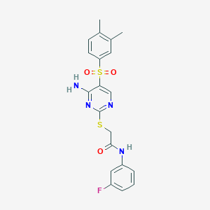 molecular formula C20H19FN4O3S2 B2648528 2-((4-氨基-5-((3,4-二甲苯基)磺酰基)嘧啶-2-基)硫代)-N-(3-氟苯基)乙酰胺 CAS No. 894950-30-2