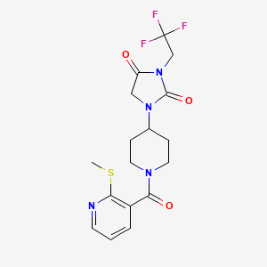 molecular formula C17H19F3N4O3S B2648566 1-{1-[2-(Methylsulfanyl)pyridine-3-carbonyl]piperidin-4-yl}-3-(2,2,2-trifluoroethyl)imidazolidine-2,4-dione CAS No. 2097863-09-5