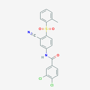molecular formula C21H14Cl2N2O3S B2648632 3,4-dichloro-N-{3-cyano-4-[(2-methylphenyl)sulfonyl]phenyl}benzenecarboxamide CAS No. 320421-34-9