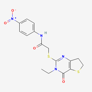 molecular formula C16H16N4O4S2 B2648680 2-[(3-乙基-4-氧代-6,7-二氢噻吩并[3,2-d]嘧啶-2-基)硫代]-N-(4-硝基苯基)乙酰胺 CAS No. 869076-58-4