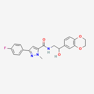 molecular formula C21H20FN3O4 B2648716 N-(2-(2,3-dihydrobenzo[b][1,4]dioxin-6-yl)-2-hydroxyethyl)-3-(4-fluorophenyl)-1-methyl-1H-pyrazole-5-carboxamide CAS No. 2034585-55-0