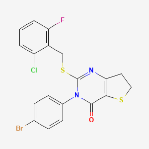 molecular formula C19H13BrClFN2OS2 B2648863 3-(4-Bromophenyl)-2-[(2-chloro-6-fluorophenyl)methylsulfanyl]-6,7-dihydrothieno[3,2-d]pyrimidin-4-one CAS No. 687567-64-2