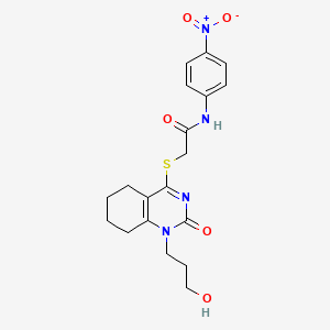 molecular formula C19H22N4O5S B2648892 2-((1-(3-hydroxypropyl)-2-oxo-1,2,5,6,7,8-hexahydroquinazolin-4-yl)thio)-N-(4-nitrophenyl)acetamide CAS No. 941888-28-4