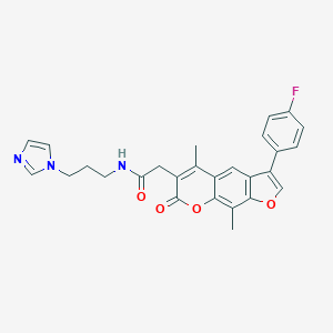 molecular formula C27H24FN3O4 B264906 2-[3-(4-fluorophenyl)-5,9-dimethyl-7-oxo-7H-furo[3,2-g]chromen-6-yl]-N-[3-(1H-imidazol-1-yl)propyl]acetamide 
