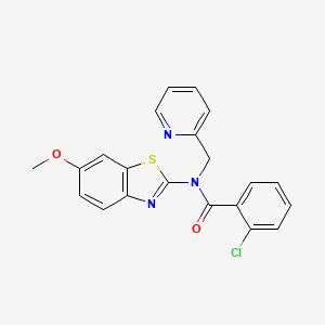 molecular formula C21H16ClN3O2S B2649089 2-氯-N-(6-甲氧基苯并[d]噻唑-2-基)-N-(吡啶-2-基甲基)苯甲酰胺 CAS No. 941878-31-5