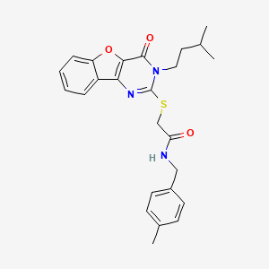 molecular formula C25H27N3O3S B2649093 N-(4-methylbenzyl)-2-{[3-(3-methylbutyl)-4-oxo-3,4-dihydro[1]benzofuro[3,2-d]pyrimidin-2-yl]sulfanyl}acetamide CAS No. 900003-56-7