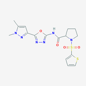 molecular formula C16H18N6O4S2 B2649130 N-(5-(1,5-dimethyl-1H-pyrazol-3-yl)-1,3,4-oxadiazol-2-yl)-1-(thiophen-2-ylsulfonyl)pyrrolidine-2-carboxamide CAS No. 1104052-29-0