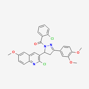 molecular formula C28H23Cl2N3O4 B2649142 2-氯-3-[1-(2-氯苯甲酰)-3-(3,4-二甲氧基苯基)-4,5-二氢-1H-吡唑-5-基]-6-甲氧基喹啉 CAS No. 442649-88-9