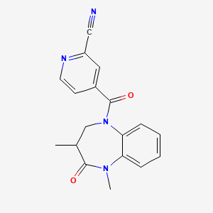 molecular formula C18H16N4O2 B2649368 4-(1,3-Dimethyl-2-oxo-3,4-dihydro-1,5-benzodiazepine-5-carbonyl)pyridine-2-carbonitrile CAS No. 2224489-25-0