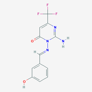molecular formula C12H9F3N4O2 B2649395 2-amino-3-{[(E)-(3-hydroxyphenyl)methylidene]amino}-6-(trifluoromethyl)-4(3H)-pyrimidinone CAS No. 866149-04-4