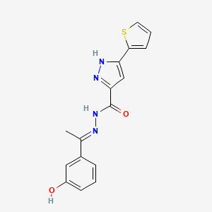 molecular formula C16H14N4O2S B2649407 (E)-N'-(1-(3-羟基苯基)亚乙基)-3-(噻吩-2-基)-1H-吡唑-5-甲酰肼 CAS No. 634885-16-8