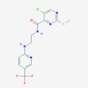 molecular formula C14H13ClF3N5OS B2649408 5-chloro-2-(methylsulfanyl)-N-(2-{[5-(trifluoromethyl)pyridin-2-yl]amino}ethyl)pyrimidine-4-carboxamide CAS No. 1223173-07-6
