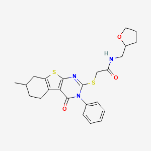 molecular formula C24H27N3O3S2 B2649425 2-[(7-methyl-4-oxo-3-phenyl-5,6,7,8-tetrahydro-[1]benzothiolo[2,3-d]pyrimidin-2-yl)sulfanyl]-N-(oxolan-2-ylmethyl)acetamide CAS No. 670273-24-2