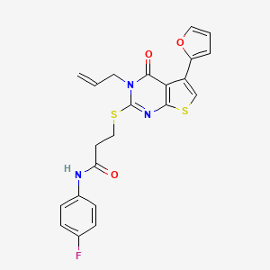 molecular formula C22H18FN3O3S2 B2649450 N-(4-氟苯基)-3-[5-(呋喃-2-基)-4-氧代-3-丙-2-烯基噻吩并[2,3-d]嘧啶-2-基]硫代丙酰胺 CAS No. 670273-75-3