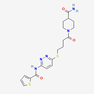molecular formula C19H23N5O3S2 B2649543 1-(4-((6-(Thiophene-2-carboxamido)pyridazin-3-yl)thio)butanoyl)piperidine-4-carboxamide CAS No. 1040649-36-2