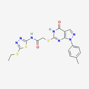 molecular formula C18H17N7O2S3 B2649566 N-(5-(乙硫基)-1,3,4-噻二唑-2-基)-2-((4-氧代-1-(对甲苯基)-4,5-二氢-1H-吡唑并[3,4-d]嘧啶-6-基)硫代)乙酰胺 CAS No. 851124-67-9