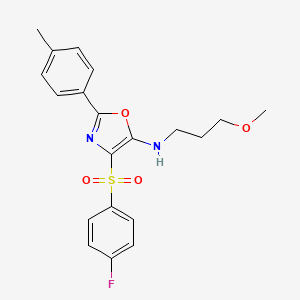 molecular formula C20H21FN2O4S B2649751 4-[(4-fluorophenyl)sulfonyl]-N-(3-methoxypropyl)-2-(4-methylphenyl)-1,3-oxazol-5-amine CAS No. 823828-46-2
