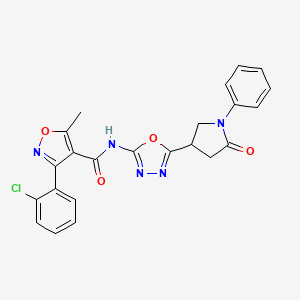 molecular formula C23H18ClN5O4 B2649773 3-(2-chlorophenyl)-5-methyl-N-(5-(5-oxo-1-phenylpyrrolidin-3-yl)-1,3,4-oxadiazol-2-yl)isoxazole-4-carboxamide CAS No. 1334371-05-9