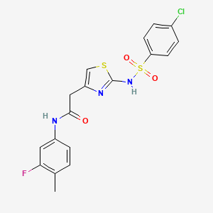 molecular formula C18H15ClFN3O3S2 B2649774 2-(2-(4-氯苯磺酰胺)噻唑-4-基)-N-(3-氟-4-甲基苯基)乙酰胺 CAS No. 922021-67-8