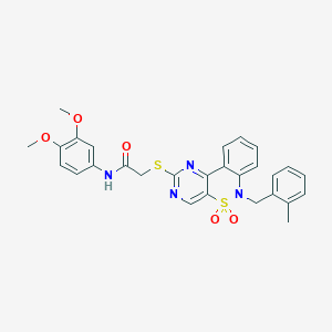molecular formula C28H26N4O5S2 B2649788 N-(3,4-dimethoxyphenyl)-2-((6-(2-methylbenzyl)-5,5-dioxido-6H-benzo[c]pyrimido[4,5-e][1,2]thiazin-2-yl)thio)acetamide CAS No. 931938-82-8