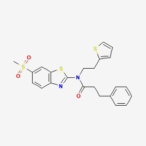 molecular formula C23H22N2O3S3 B2649808 N-(6-(methylsulfonyl)benzo[d]thiazol-2-yl)-3-phenyl-N-(2-(thiophen-2-yl)ethyl)propanamide CAS No. 922473-69-6