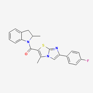 molecular formula C22H18FN3OS B2649810 (6-(4-氟苯基)-3-甲基咪唑并[2,1-b]噻唑-2-基)(2-甲基吲哚啉-1-基)甲酮 CAS No. 852133-95-0