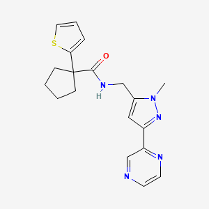 molecular formula C19H21N5OS B2649834 N-((1-methyl-3-(pyrazin-2-yl)-1H-pyrazol-5-yl)methyl)-1-(thiophen-2-yl)cyclopentanecarboxamide CAS No. 2034457-07-1