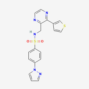 molecular formula C18H15N5O2S2 B2649874 4-(1H-pyrazol-1-yl)-N-((3-(thiophen-3-yl)pyrazin-2-yl)methyl)benzenesulfonamide CAS No. 2034539-42-7