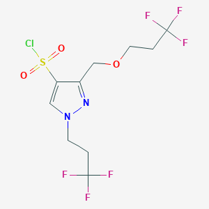 molecular formula C10H11ClF6N2O3S B2650006 3-[(3,3,3-trifluoropropoxy)methyl]-1-(3,3,3-trifluoropropyl)-1H-pyrazole-4-sulfonyl chloride CAS No. 1856031-91-8