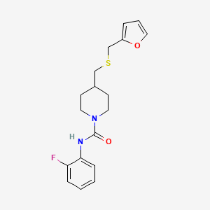 molecular formula C18H21FN2O2S B2650098 N-(2-fluorophenyl)-4-(((furan-2-ylmethyl)thio)methyl)piperidine-1-carboxamide CAS No. 1396758-15-8