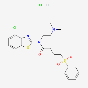 molecular formula C21H25Cl2N3O3S2 B2650120 N-(4-chlorobenzo[d]thiazol-2-yl)-N-(2-(dimethylamino)ethyl)-4-(phenylsulfonyl)butanamide hydrochloride CAS No. 1215751-98-6