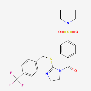 molecular formula C22H24F3N3O3S2 B2650302 N,N-diethyl-4-(2-((4-(trifluoromethyl)benzyl)thio)-4,5-dihydro-1H-imidazole-1-carbonyl)benzenesulfonamide CAS No. 851806-49-0