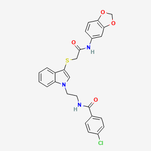 B2650352 N-[2-[3-[2-(1,3-benzodioxol-5-ylamino)-2-oxoethyl]sulfanylindol-1-yl]ethyl]-4-chlorobenzamide CAS No. 532972-52-4