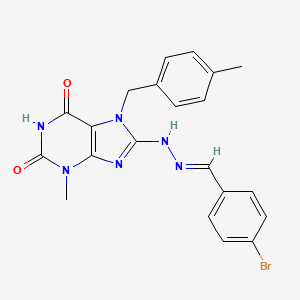 molecular formula C21H19BrN6O2 B2650515 (E)-8-(2-(4-bromobenzylidene)hydrazinyl)-3-methyl-7-(4-methylbenzyl)-1H-purine-2,6(3H,7H)-dione CAS No. 536718-98-6