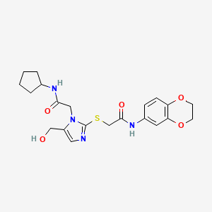 molecular formula C21H26N4O5S B2650621 N-cyclopentyl-2-(2-((2-((2,3-dihydrobenzo[b][1,4]dioxin-6-yl)amino)-2-oxoethyl)thio)-5-(hydroxymethyl)-1H-imidazol-1-yl)acetamide CAS No. 921845-05-8