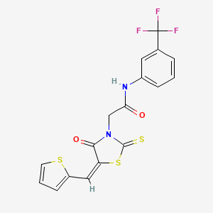 molecular formula C17H11F3N2O2S3 B2650631 (E)-2-(4-oxo-5-(thiophen-2-ylmethylene)-2-thioxothiazolidin-3-yl)-N-(3-(trifluoromethyl)phenyl)acetamide CAS No. 637318-26-4
