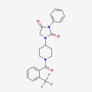 molecular formula C22H20F3N3O3 B2650637 3-Phenyl-1-(1-(2-(trifluoromethyl)benzoyl)piperidin-4-yl)imidazolidine-2,4-dione CAS No. 1903441-38-2