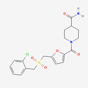 molecular formula C19H21ClN2O5S B2650714 1-(5-(((2-Chlorobenzyl)sulfonyl)methyl)furan-2-carbonyl)piperidine-4-carboxamide CAS No. 1448031-57-9