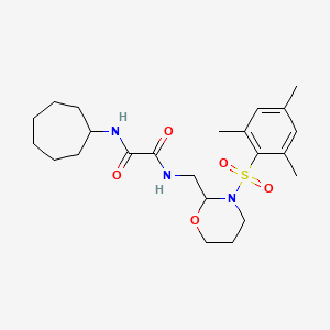 molecular formula C23H35N3O5S B2650716 N1-cycloheptyl-N2-((3-(mesitylsulfonyl)-1,3-oxazinan-2-yl)methyl)oxalamide CAS No. 872976-00-6