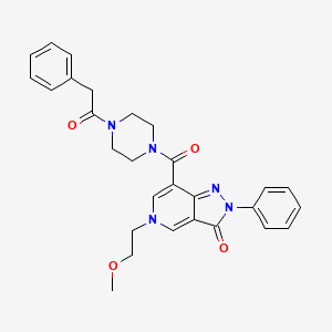 molecular formula C28H29N5O4 B2650725 5-(2-methoxyethyl)-2-phenyl-7-(4-(2-phenylacetyl)piperazine-1-carbonyl)-2H-pyrazolo[4,3-c]pyridin-3(5H)-one CAS No. 1021124-01-5
