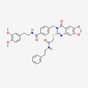 N-(3,4-dimethoxyphenethyl)-4-((8-oxo-6-((2-oxo-2-(phenethylamino)ethyl)thio)-[1,3]dioxolo[4,5-g]quinazolin-7(8H)-yl)methyl)benzamide